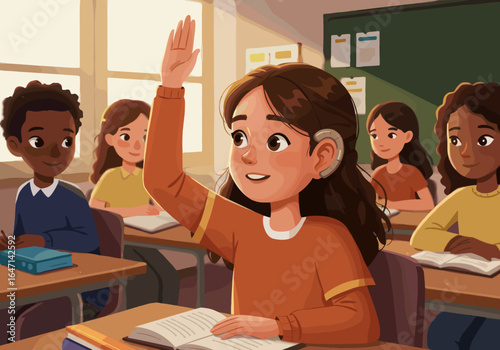 A girl with a hearing aid raises her hand to answer a question in a classroom full of students.