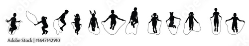 set of silhouettes of children playing jump rope