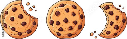 Delicious chocolate chip cookies tempting bite and broken pieces shown