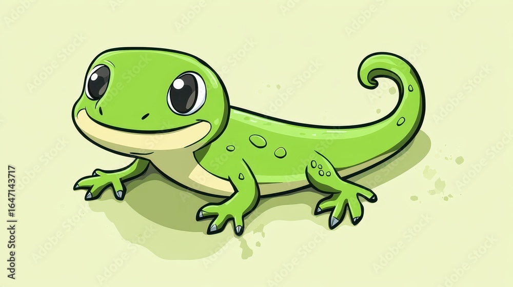 Naklejka premium A charming cartoon lizard with a quirky design, cheerfully crawling in a handdrawn, textured 2D style.