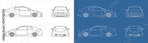 Drift sedan blueprint side front rear view vector