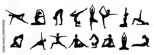 set of woman silhouettes doing yoga pose.