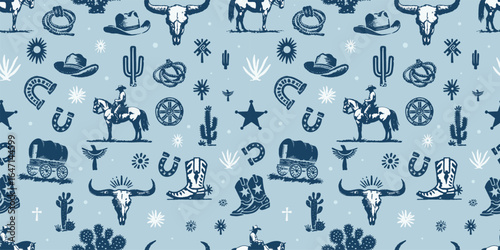 Cowboy Western Seamless Pattern – Blue Boho Desert Icons (Cactus, Boots, Hats, Longhorn) Vector