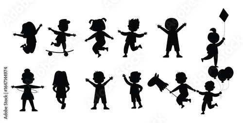 Silhouette children, girls and boys standing, jumping