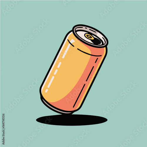 A stylized illustration of a yellow and orange soda can with a black shadow on a light blue background