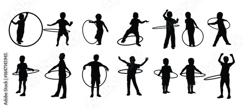 set of silhouettes of boys playing hula hoop