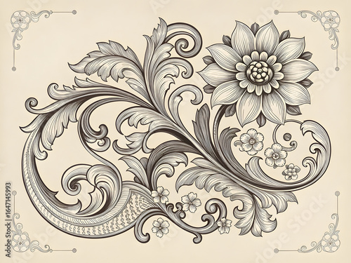 Intricate Vintage Black and White Baroque Floral Flourish, Ornate Filigree Design