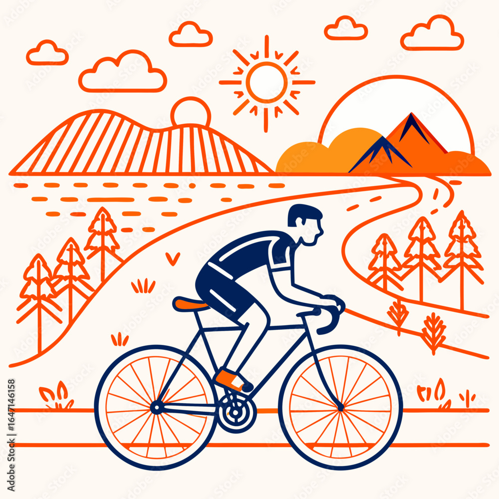 Fototapeta premium Cyclist riding road bike through scenic mountain landscape under bright sun 