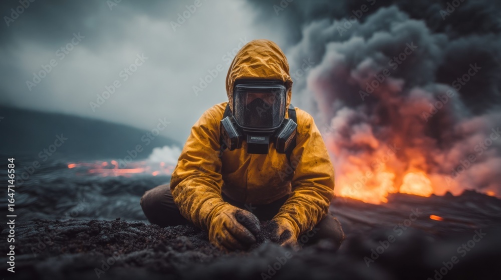 Obraz premium Person in protective gear observes a volcanic eruption, with fire and smoke rising.