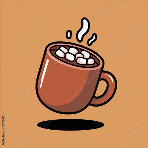 Cartoon brown mug filled with hot chocolate and marshmallows with steam on a brown background