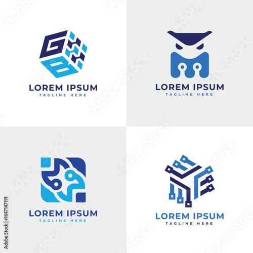 Technology logo bundle collection circuit pixels dot owl creative unique designs for tech business and startup