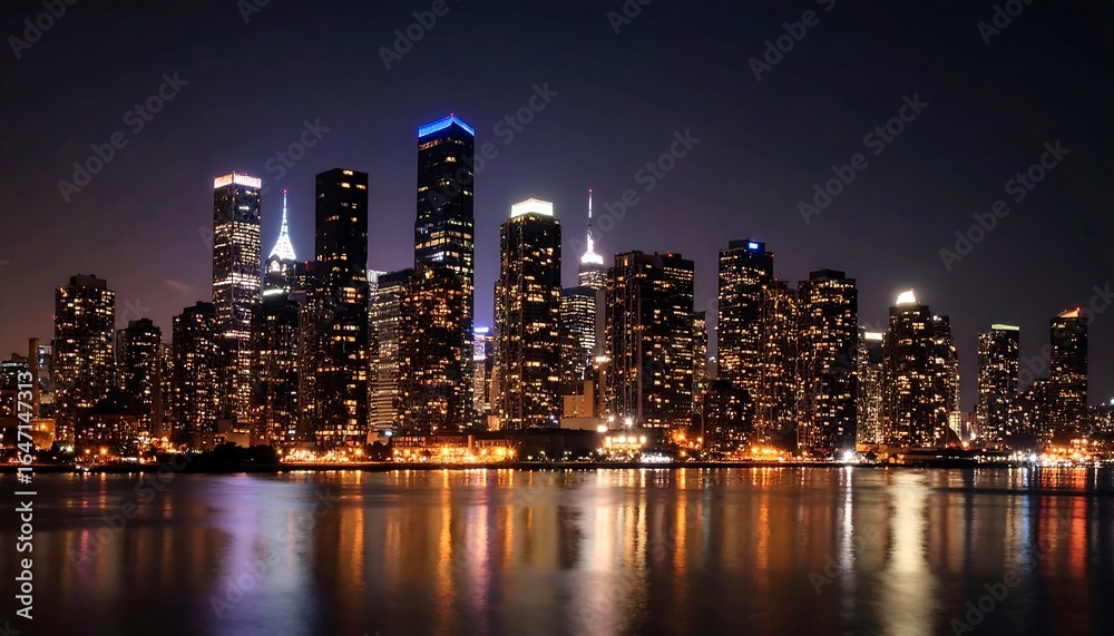 Obraz premium Dramatic night panorama of illuminated cityscape reflected on water surface