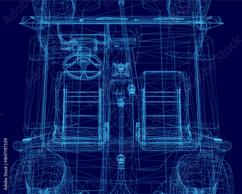 A detailed blueprint of a car interior on a blue background, showcasing the wireframe structure and mechanical components. The SUV-style design highlights industrial functionality.