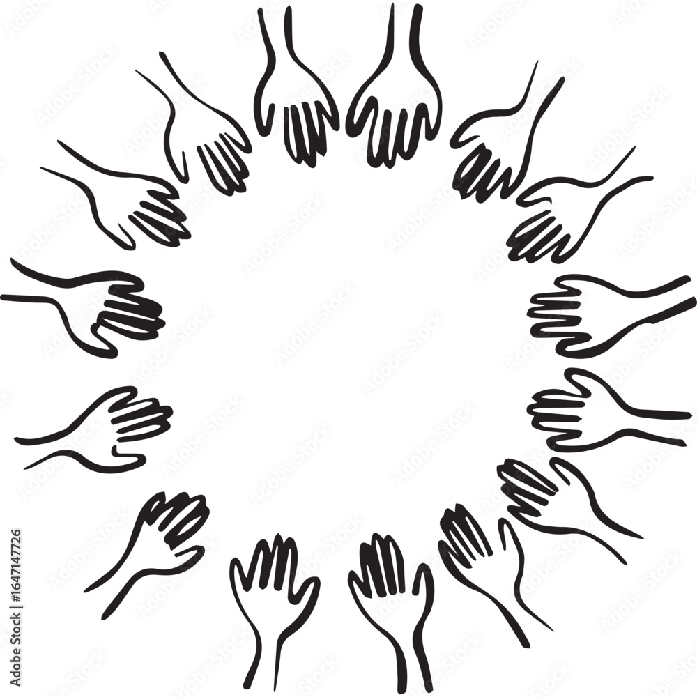 Obraz premium Line art drawing of many hands reaching together in a circle, creating a frame. A concept for community, volunteering, teamwork, and support. Doodle vector illustration.