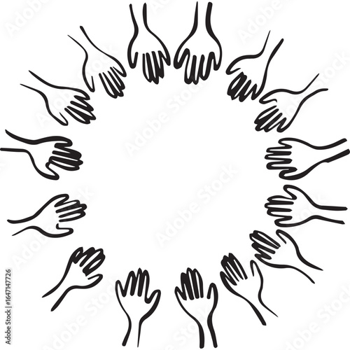Line art drawing of many hands reaching together in a circle, creating a frame. A concept for community, volunteering, teamwork, and support. Doodle vector illustration.

