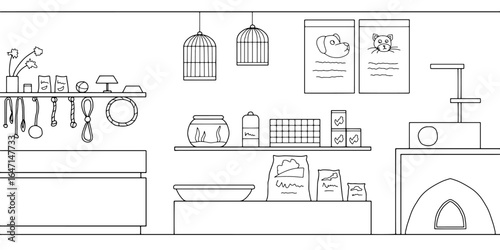 Pet shop store graphic interior black white sketch illustration vector 