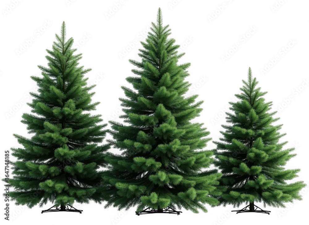 Fototapeta premium Three lush green fir trees standing tall together isolated on transparent background