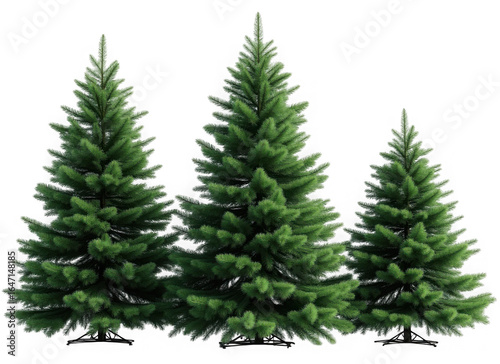 Three lush green fir trees standing tall together isolated on transparent background