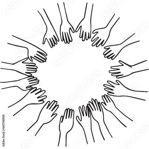 Line art drawing of many hands reaching together in a circle, creating a frame. A concept for community, volunteering, teamwork, and support. Doodle vector illustration.

