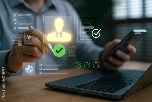 A Businessman Using Smart Technology to Verify Digital Identity, KYC Documents, and Approve Online Profiles, Representing Secure Authentication and Onboarding in Digital Business Platforms