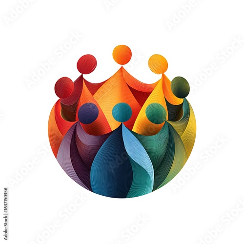 Abstract colorful human figures forming a circle of unity and community isolated on white background