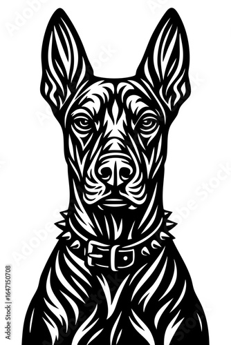 Tribal Guard Dog Vector Illustration – Fierce Doberman Head Black and White Tattoo Design with Spiked Collar