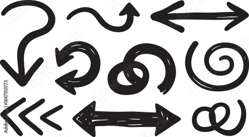 Set of black handdrawn arrows and directional elements isolated on white background