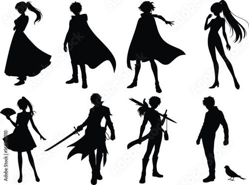 Fantasy character silhouettes, sword and fan, cape and bird, dramatic poses, flowing hair, weapon detail, concept art, illustration pack, anime style