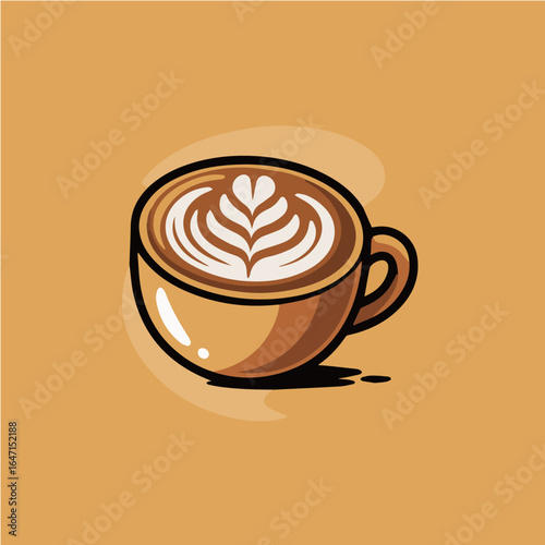 A cartoon illustration of a coffee cup with latte art on a tan colored background design image art
