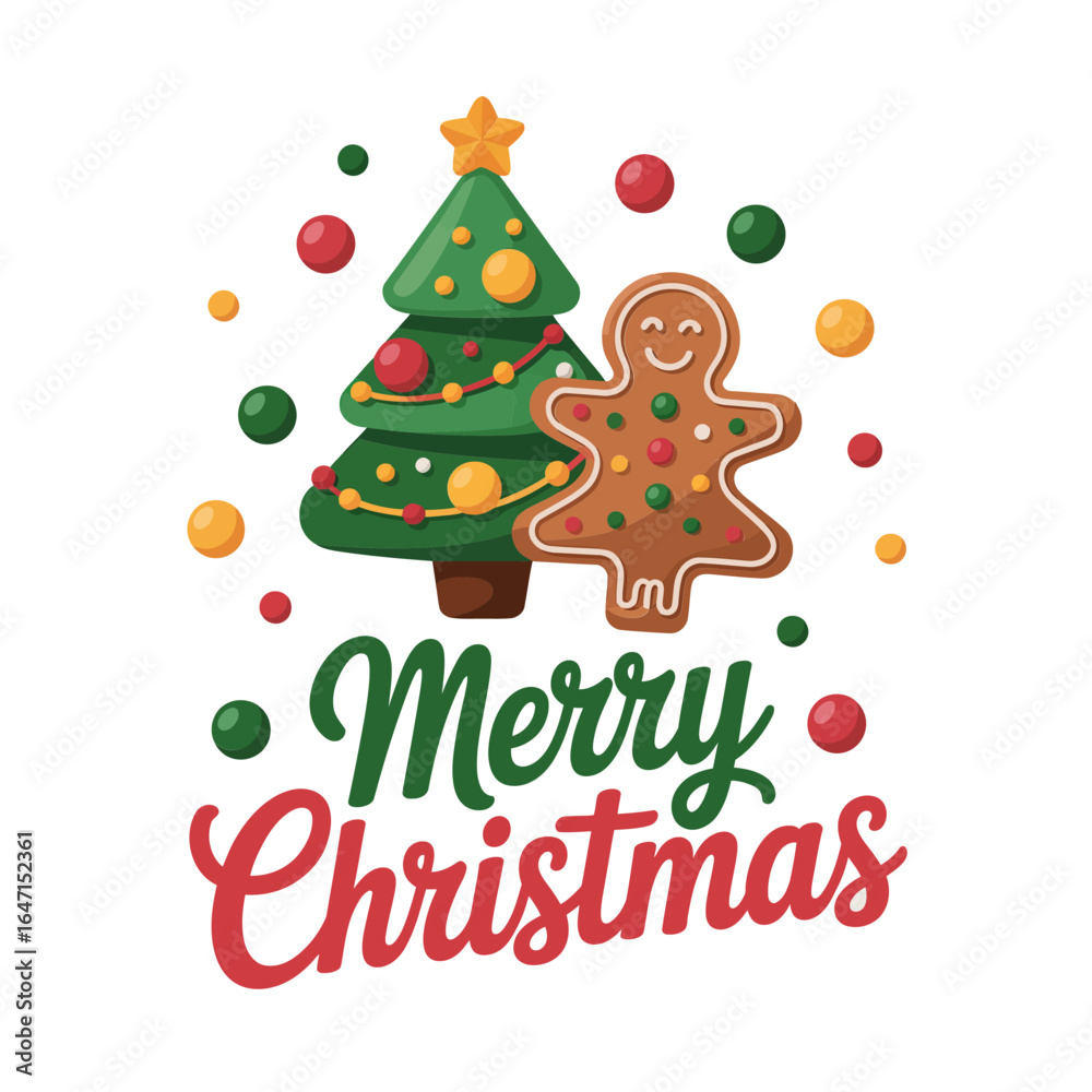 Naklejka premium Merry Christmas lettering with tree and gingerbread, confetti dots and sprinkles, cute holiday sticker, seasonal greeting design, vector illustration