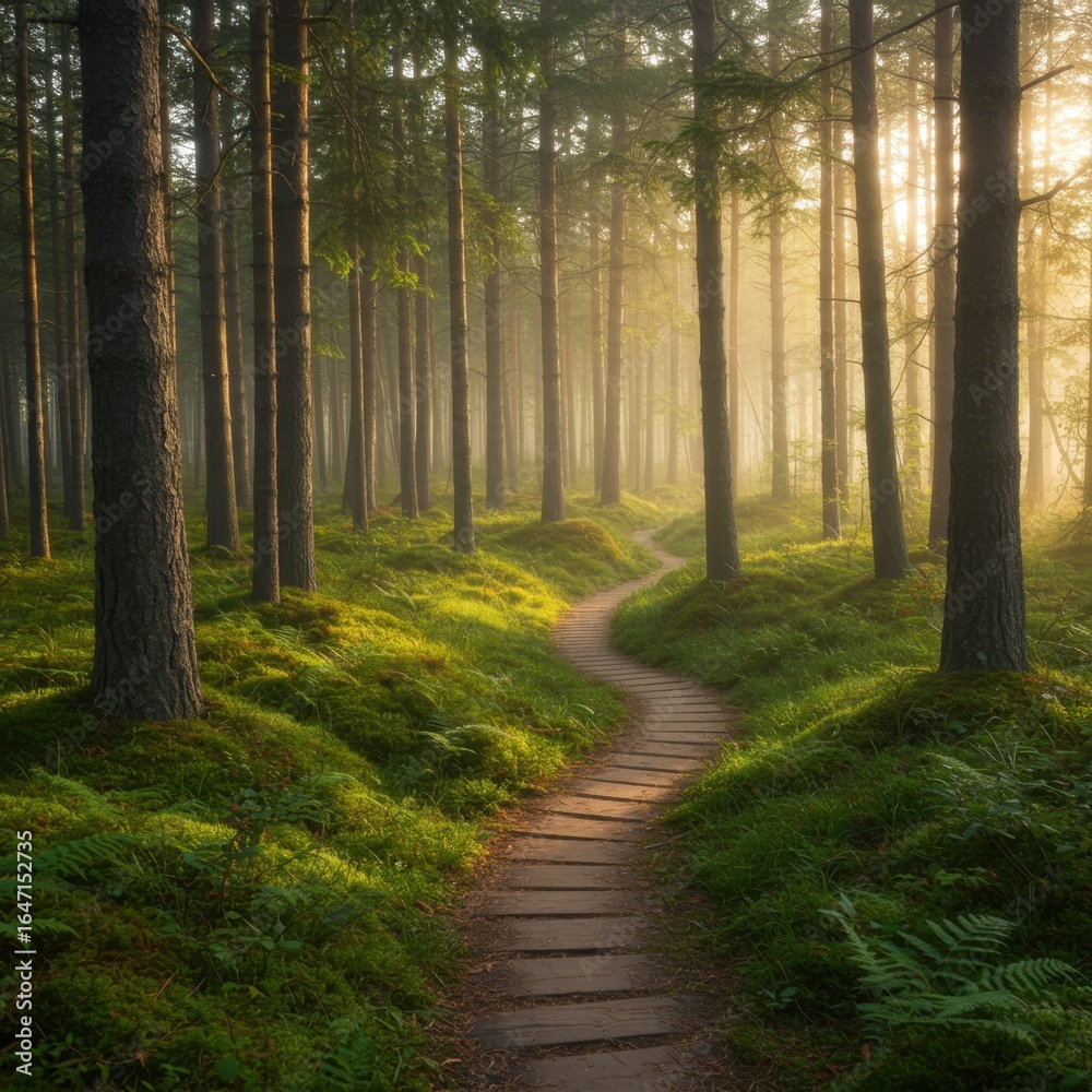 Obraz premium Enchanted Forest Path: A Serene Morning Walk Through Sunlit Woods