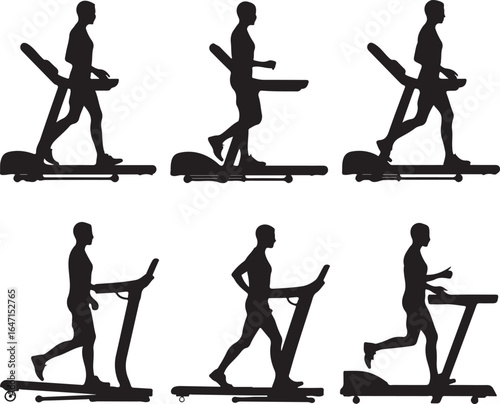 Silhouettes of people running on treadmills exercise