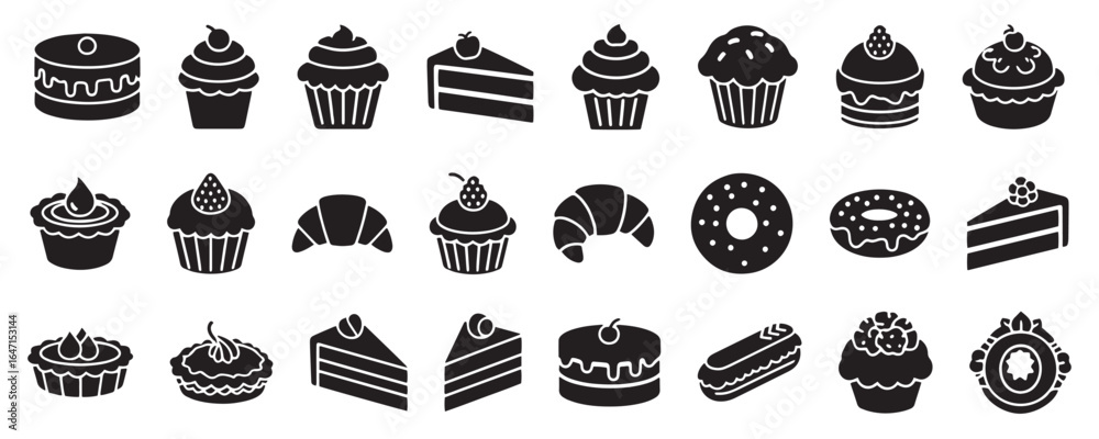 Fototapeta premium Solid Black Bakery Icons. Cakes, Cupcakes, Muffins, Pastries, and Dessert Silhouettes in Minimal Style