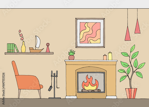 Fireplace in living room graphic color interior sketch illustration vector