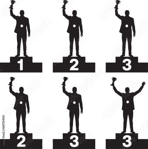 Silhouettes of winners holding trophies on podiums