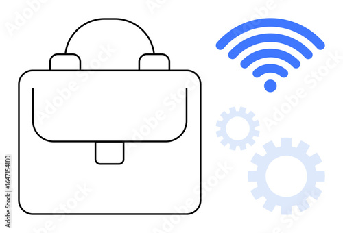 Briefcase outlines alongside wireless signal and gears symbolizing work, connectivity, innovation, tech solutions, remote work, system optimization, and network management. Ideal for professional
