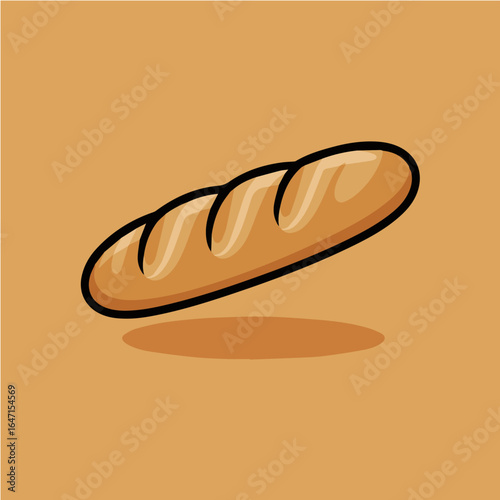 Cartoon illustration of a baguette with a brown outline on a tan colored background space for text