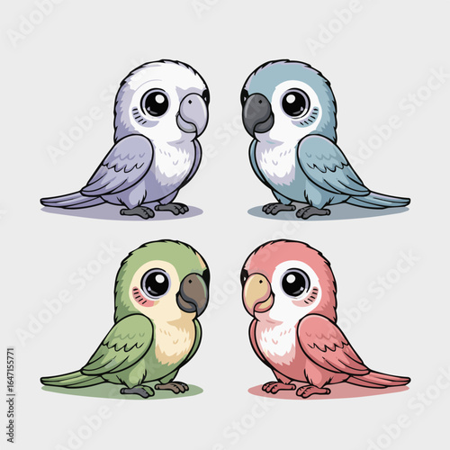 Four colorful cartoon birds with big eyes sitting on a white background in a square arrangement