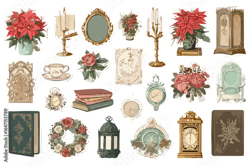 Vintage Christmas Ephemera Sticker Set with Poinsettia, Gold Frames, and Holiday Decor Illustrations