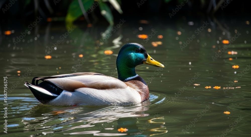 Obraz premium A mallard duck swims serenely on the shimmering water.