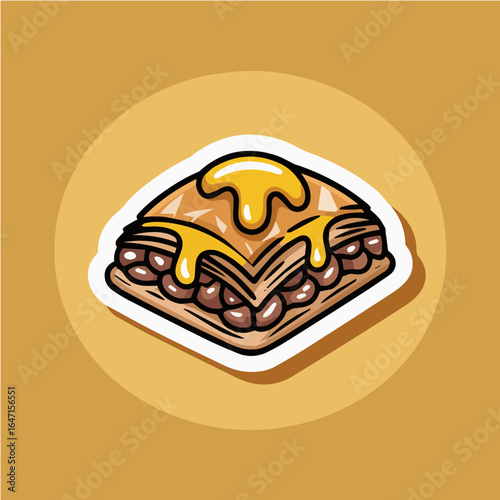 A cartoon baklava pastry with honey dripping on top on a tan background in a sticker style