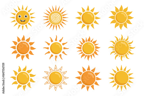 Sun icon set bright rays collection, weather symbol vector, sunshine badge illustration, summer logo element pack, flat design clipart