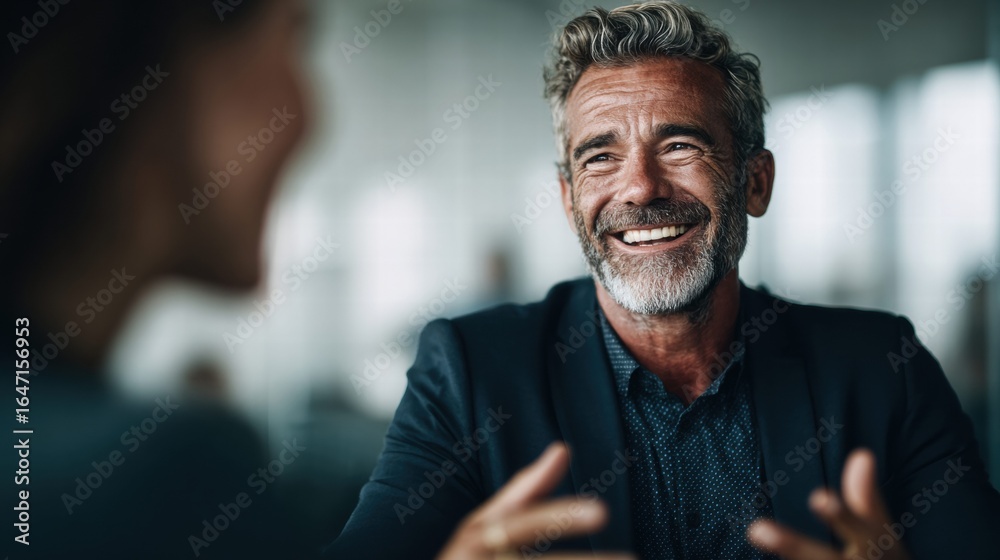 Fototapeta premium A joyful man shares ideas during a professional business meeting or discussion.