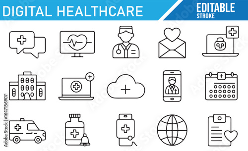 Telemedicine and digital healthcare icons for virtual care systems