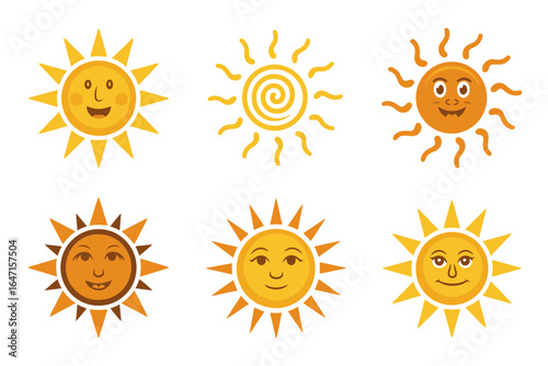 Happy sun face icons, cute weather smile set, bright sunshine vector, summer emoji illustration, children sticker design