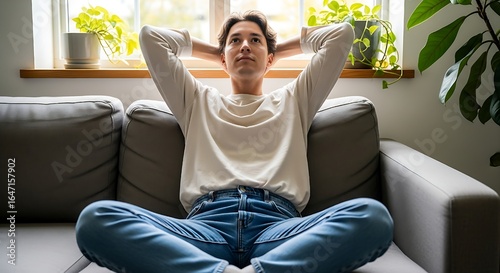 Peaceful man Enjoying a Moment of Serene Relaxation on a Sofa in a Sunlit Room, Healthy life style, good vibes people and new home concept