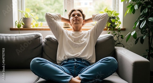 Peaceful man Enjoying a Moment of Serene Relaxation on a Sofa in a Sunlit Room, Healthy life style, good vibes people and new home concept