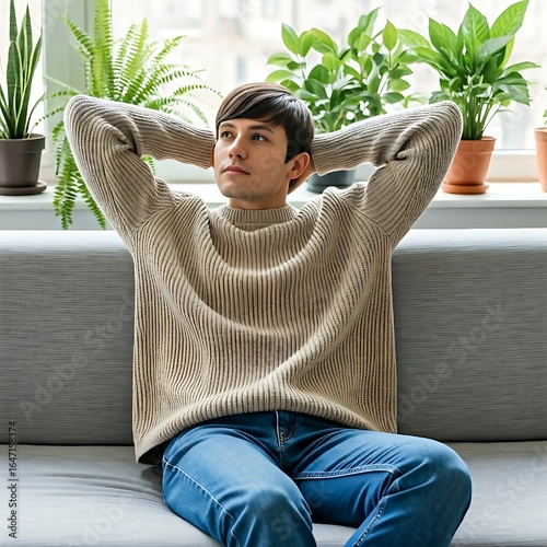 Peaceful man Enjoying a Moment of Serene Relaxation on a Sofa in a Sunlit Room, Healthy life style, good vibes people and new home concept