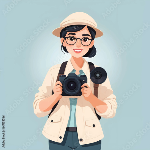 Adorable Flat Style Cartoon Female Journalist with Camera