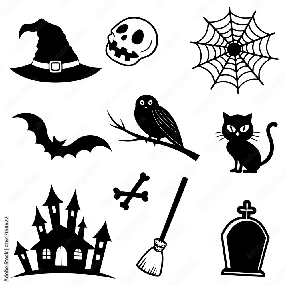 Obraz premium Collection of black silhouette Halloween icons vector illustration